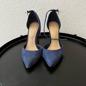 Blue Suede Pump with Wood Block Heel